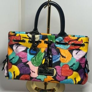 Vintage Dooney & Bourke Wonder Scribble Duck Tassel Tote Bag Y2K Colorful Purse
